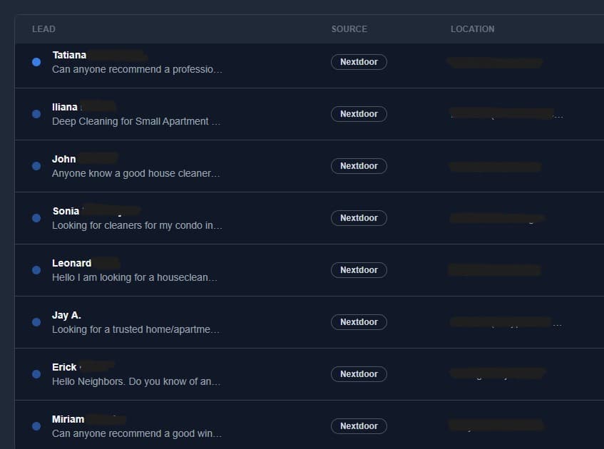 A screenshot of a lead management table showing various leads with their source (Nextdoor) and location.